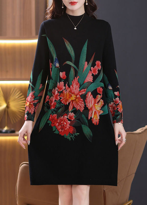 Robe noire en tricot de laine confortable à col roulé, ouverture latérale, printemps TB022