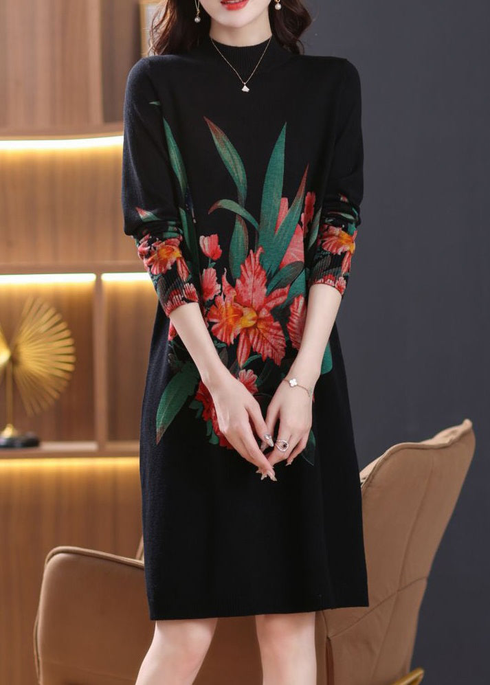 Robe noire en tricot de laine confortable à col roulé, ouverture latérale, printemps TB022