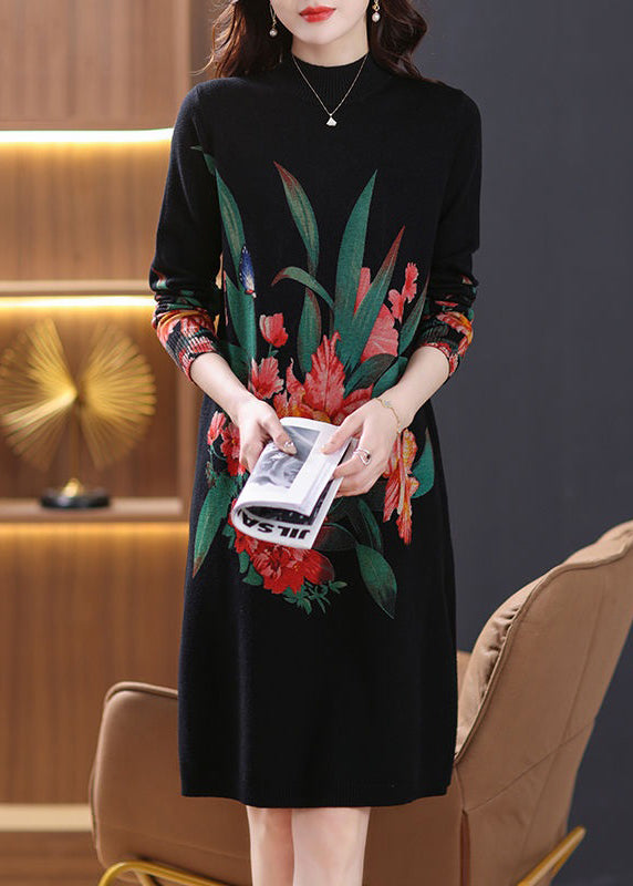 Robe noire en tricot de laine confortable à col roulé, ouverture latérale, printemps TB022
