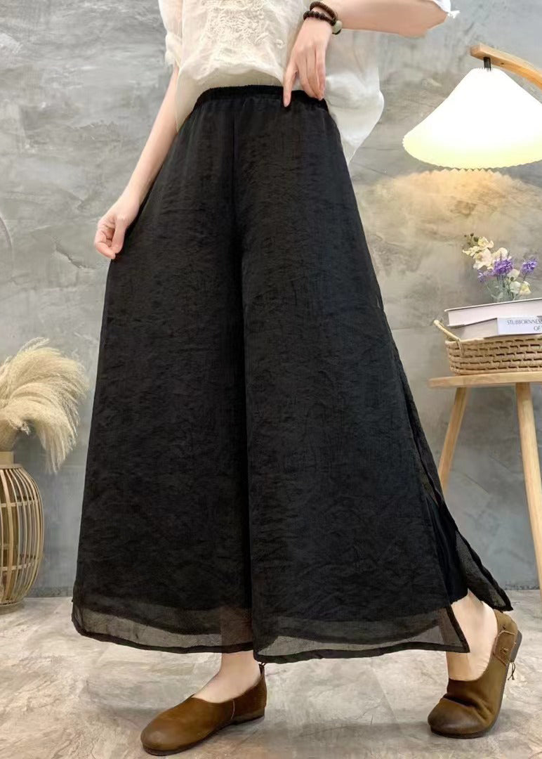 Pantalon d'été large en lin noir uni taille haute AU1069