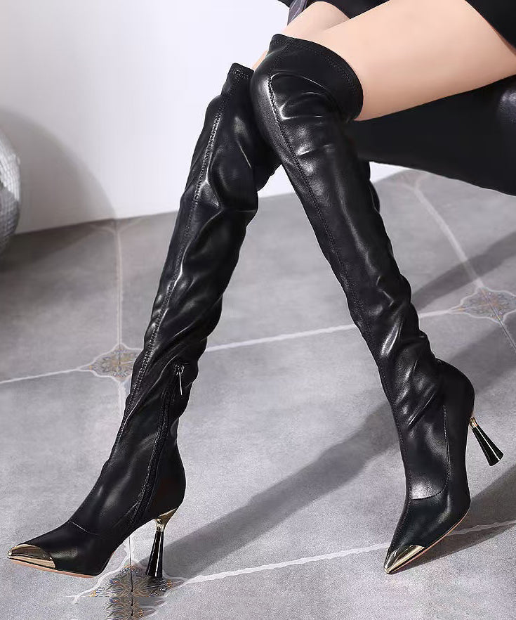 Bottes à talons aiguilles noires en similicuir à épissures élégantes TE001