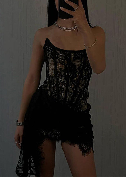 Schwarzes trägerloses High Waist Lace Minikleid Asymmetrisch Sommer YZ036