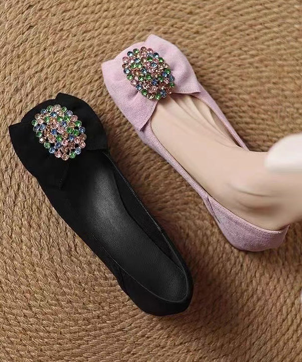 Mocassins confortables en daim noir avec nœud et zircon