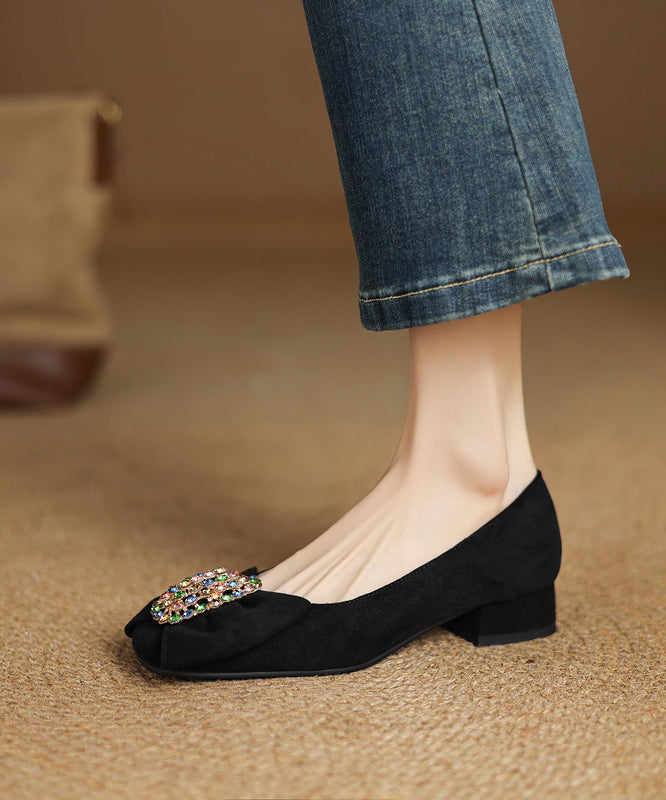 Mocassins confortables en daim noir avec nœud et zircon