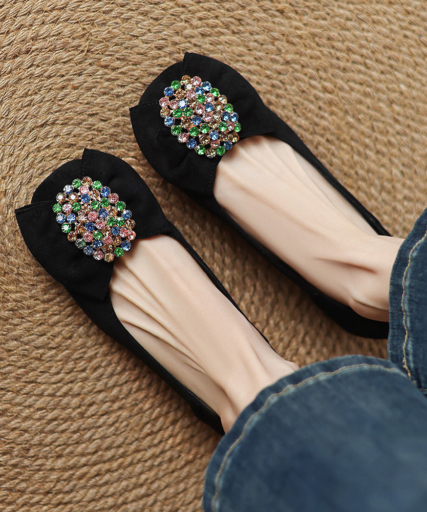 Mocassins confortables en daim noir avec nœud et zircon
