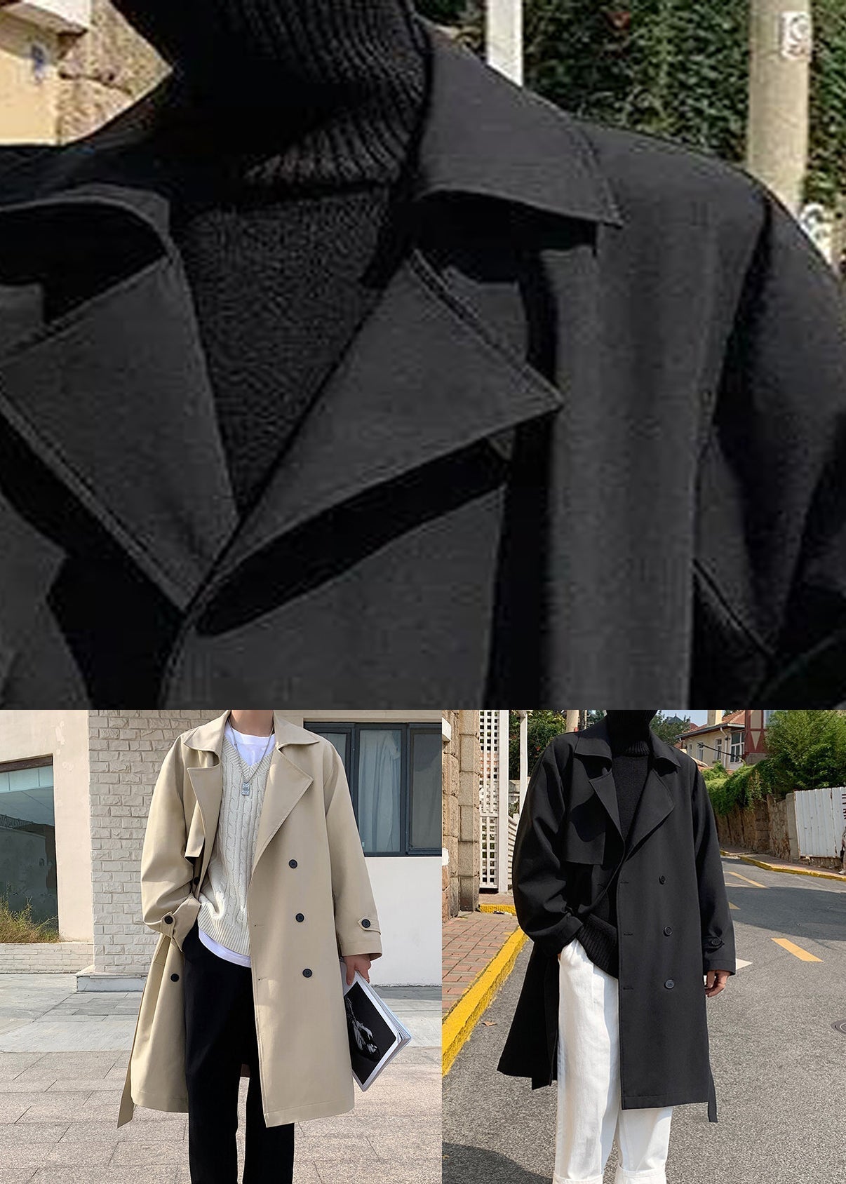 Black Tie Waist Cotton Mens Trench Coat Notched Spring YQ019