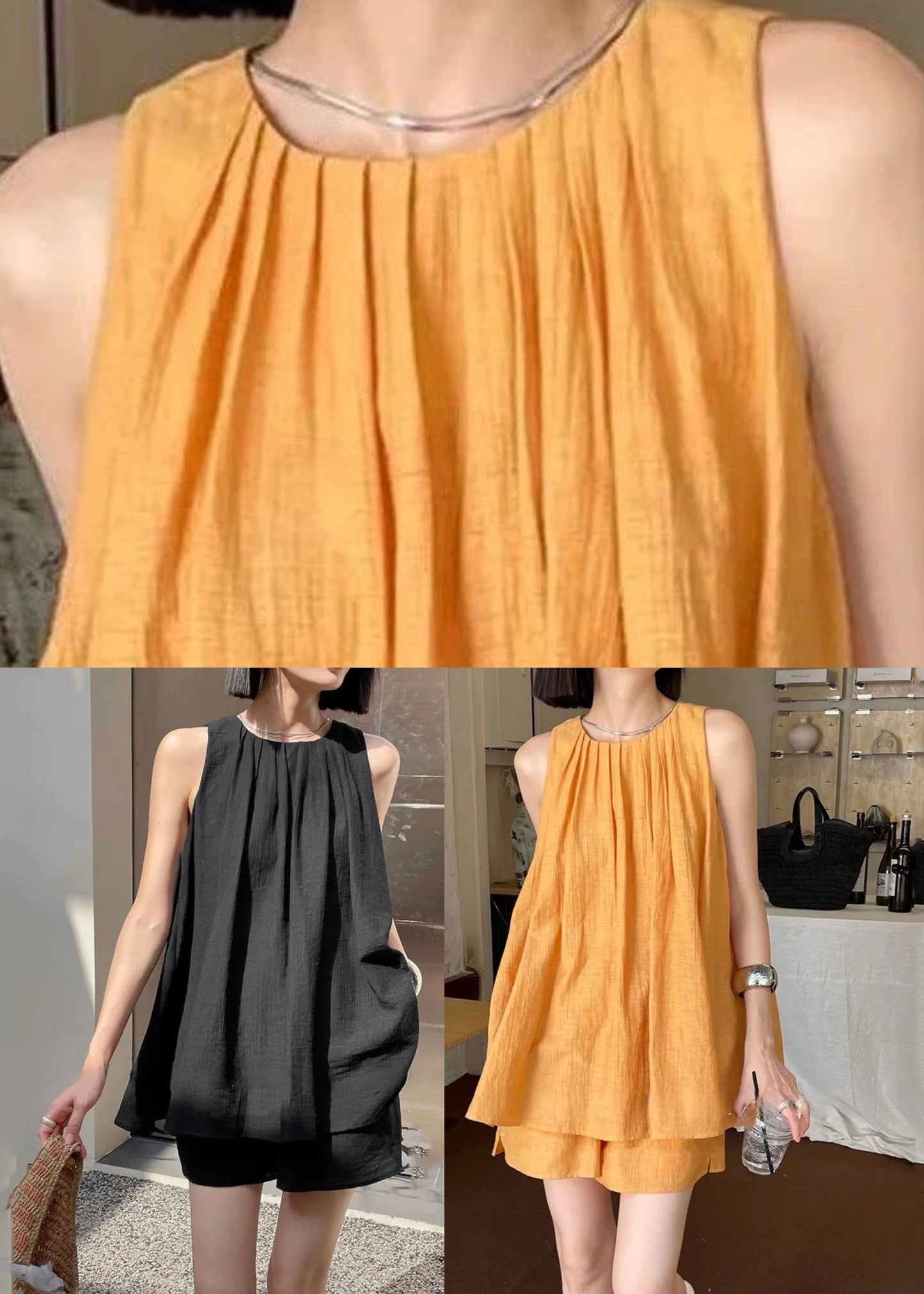 Schwarzes, ärmelloses Zweiteiler-Set aus zerknittertem Top und Shorts QB018