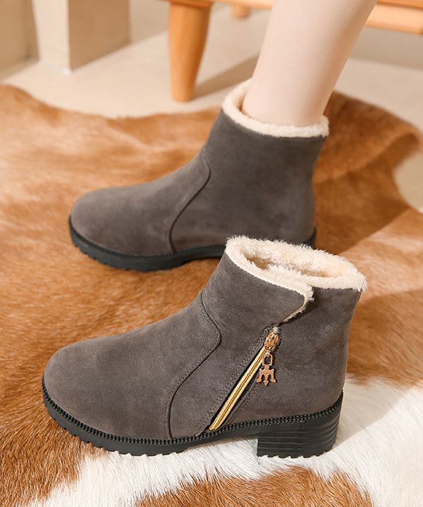Schwarze klobige Stiefel mit Reißverschluss und flauschigem Wollfutter TP006