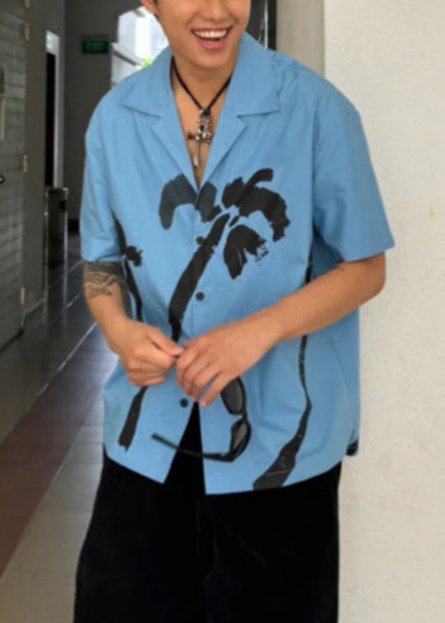 Print Kragen Baumwolle Blau Sommer Pan Peter Männer Button Shirts