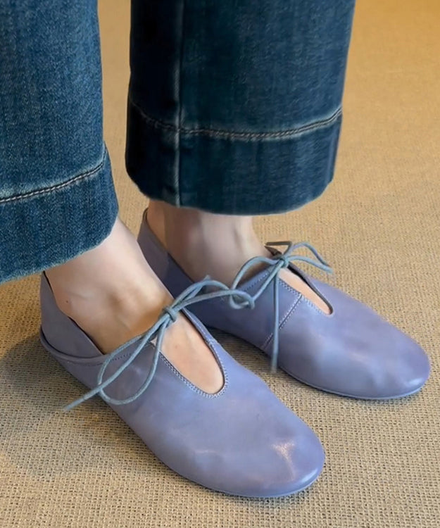 Chaussures plates en cuir de vachette bleu à lacets pour femmes
