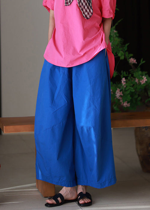 Elastic Blue Pants Pockets Waist Summer Loose Cotton
