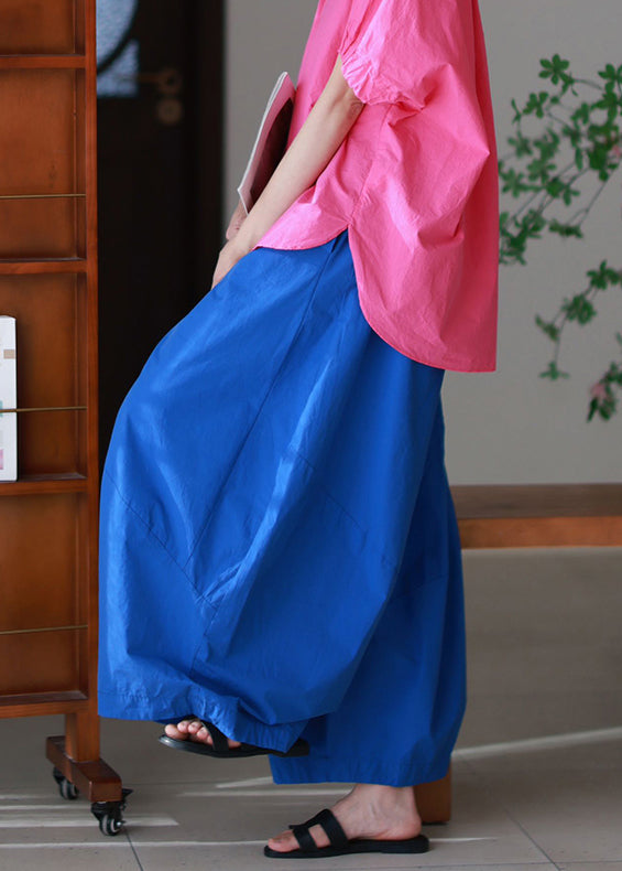 Elastic Blue Pants Pockets Waist Summer Loose Cotton