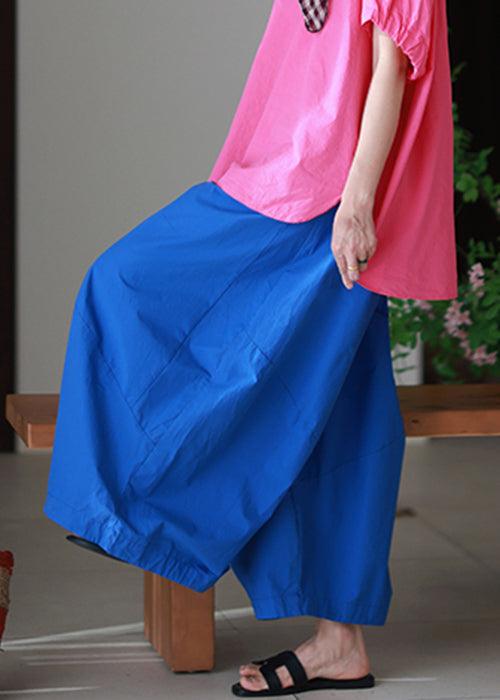 Elastic Blue Pants Pockets Waist Summer Loose Cotton
