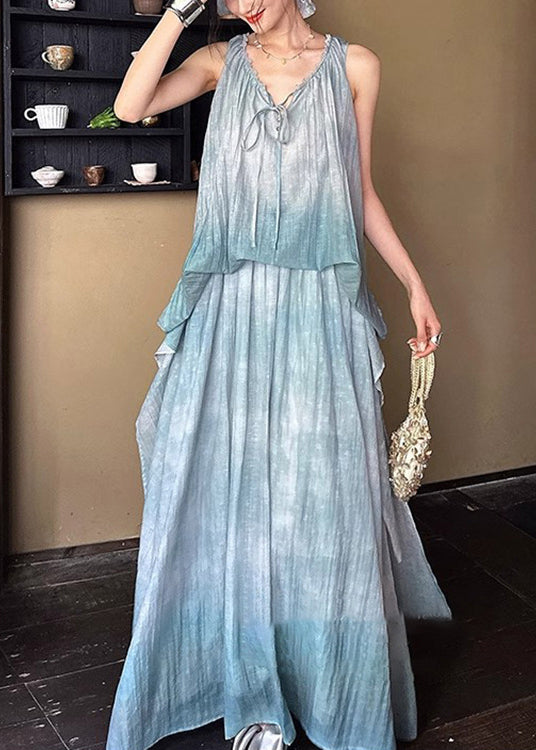 Sleeveless Lace Long Linen Up Ruffled Blue Dresses Silk