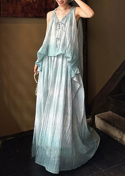 Sleeveless Lace Long Linen Up Ruffled Blue Dresses Silk