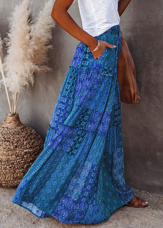 Skirts Pockets Maxi Waist Blue Elastic Summer
