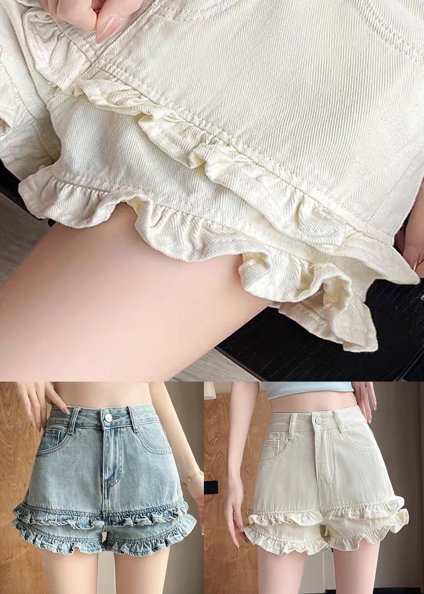 Summer Denim Shorts Blue Waist Ruffled High Pockets