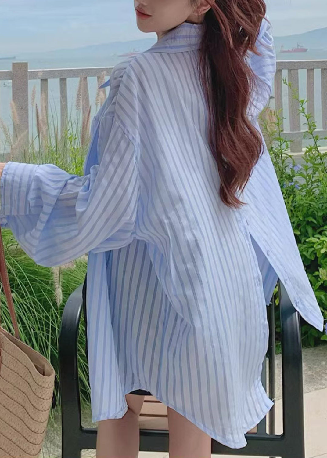 Blau gestreiftes Baumwollhemd Tops Peter Pan Kragen Herbst RE014