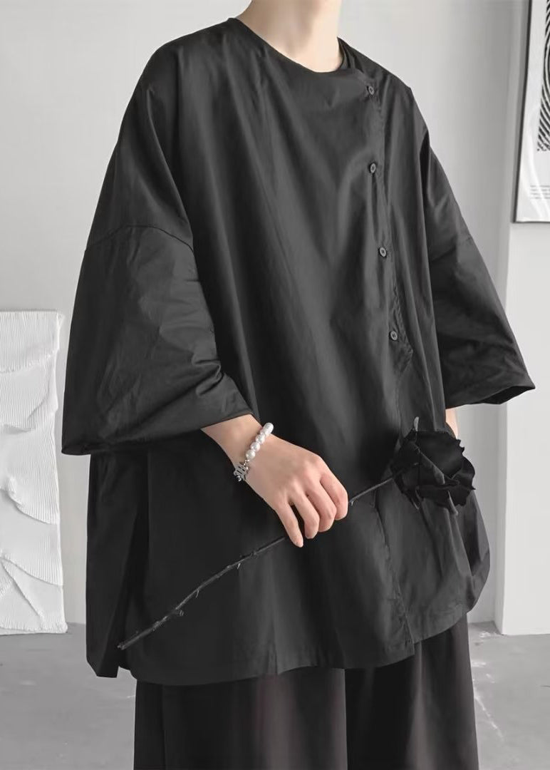Bohemian Schwarz Asymmetrische Übergroße Baumwolle Shirts Frühling TZ011