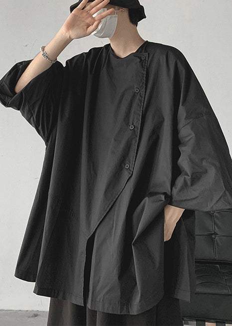 Bohemian Schwarz Asymmetrische Übergroße Baumwolle Shirts Frühling TZ011