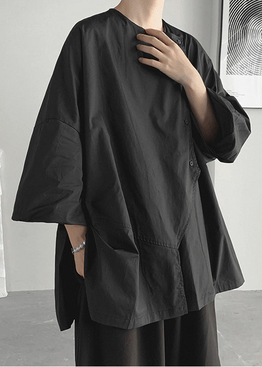 Bohemian Schwarz Asymmetrische Übergroße Baumwolle Shirts Frühling TZ011