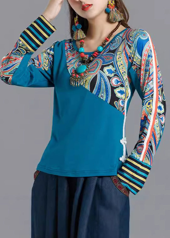 Bohemian Blau O Neck Print Patchwork Baumwolle Tops Frühling TH046
