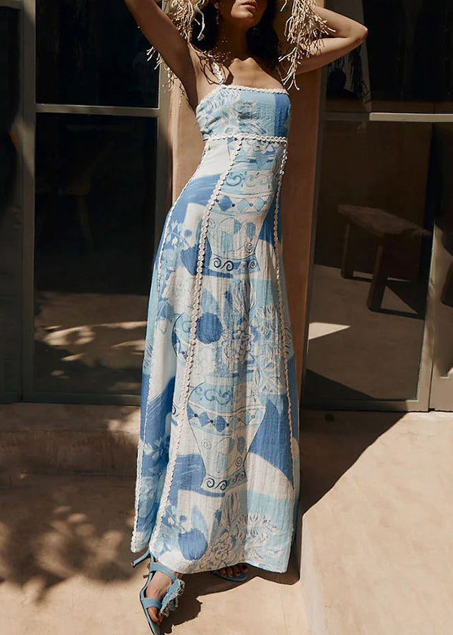 Kleid Patchwork Print Sommer Spaghettiträger Bohemian Blau Lang