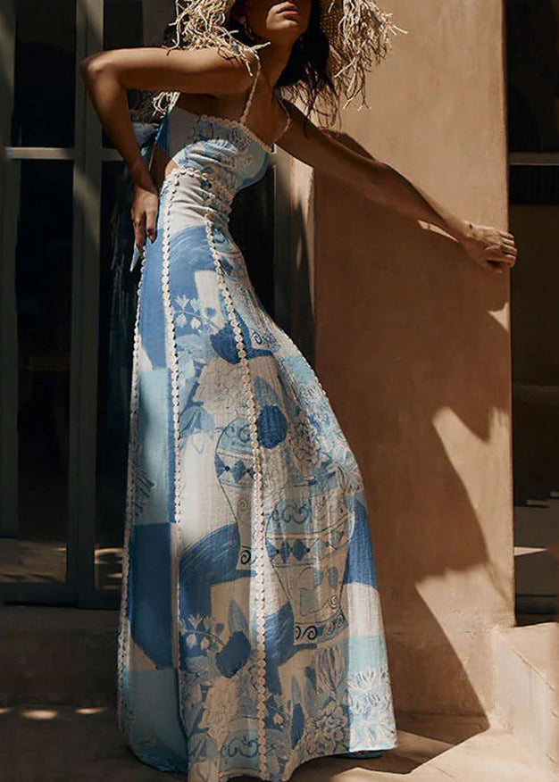 Kleid Patchwork Print Sommer Spaghettiträger Bohemian Blau Lang