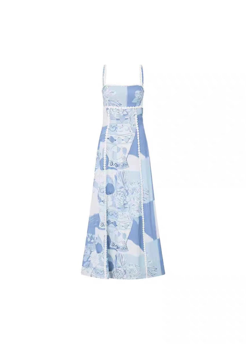 Kleid Patchwork Print Sommer Spaghettiträger Bohemian Blau Lang