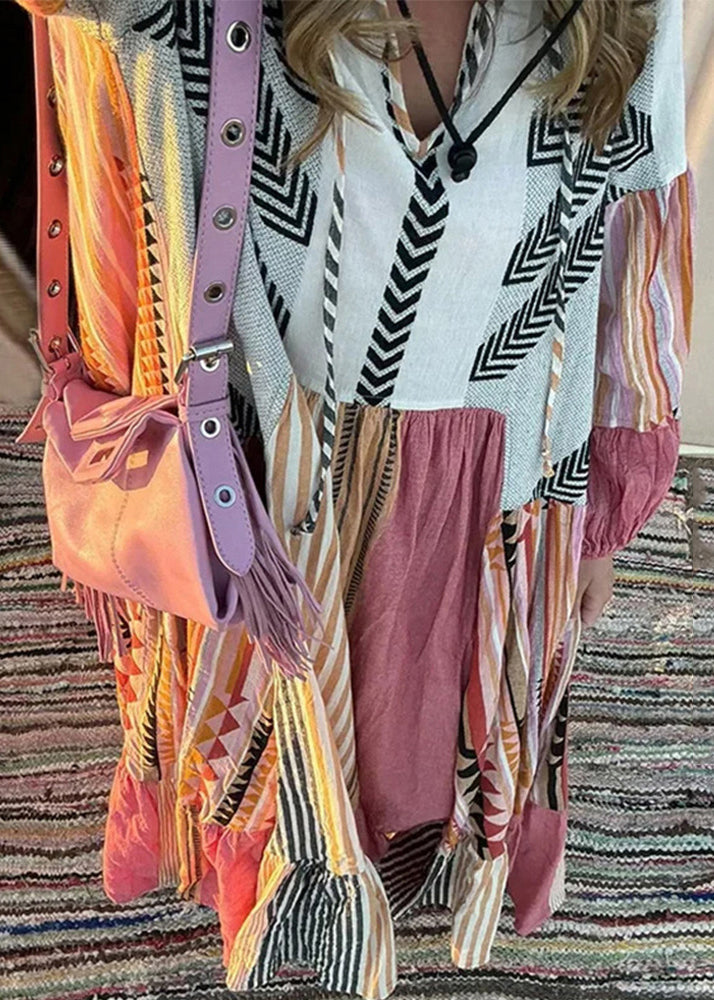 Bohemian Colorblock Lace Up Print Maxikleid aus Baumwolle mit langen Ärmeln BB055