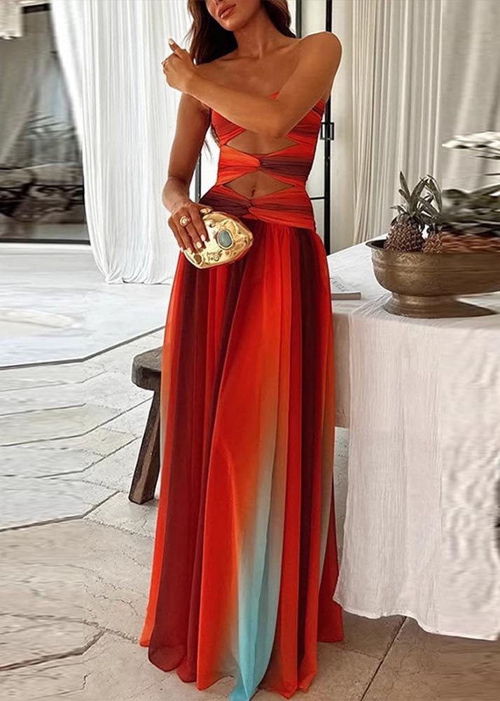 Robe bustier bohème en mousseline de soie à ourlet large et dégradé de couleurs