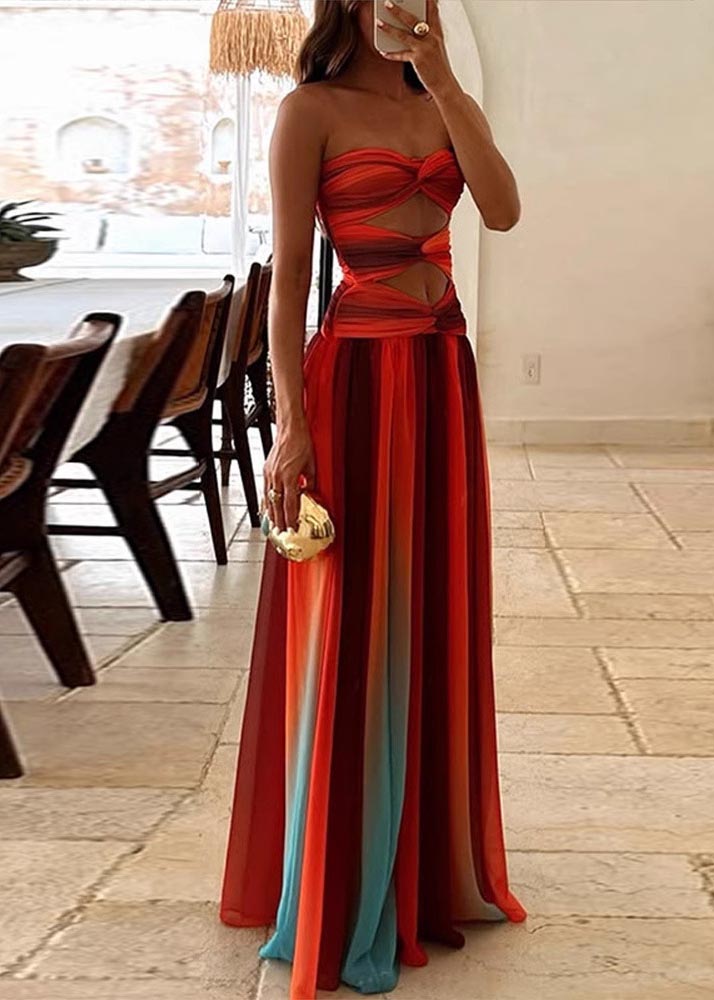 Robe bustier bohème en mousseline de soie à ourlet large et dégradé de couleurs