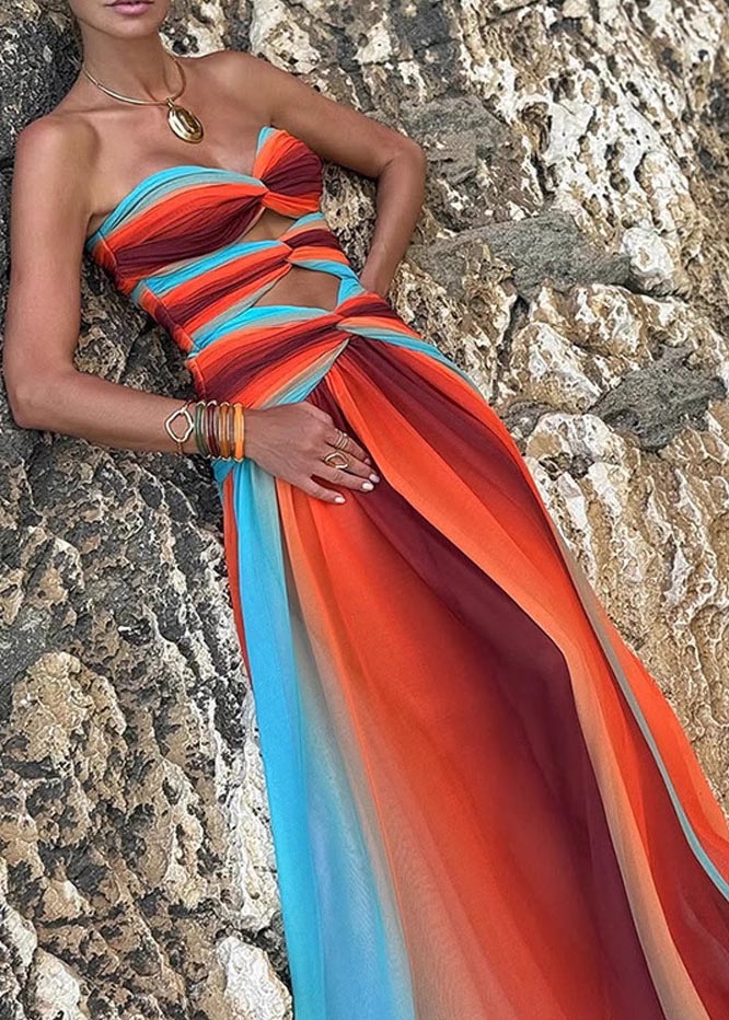 Robe bustier bohème en mousseline de soie à ourlet large et dégradé de couleurs