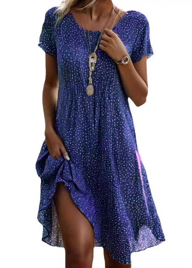 Böhmisches grünes Baumwollkleid mit Rundhalsausschnitt und kurzen Ärmeln QA010