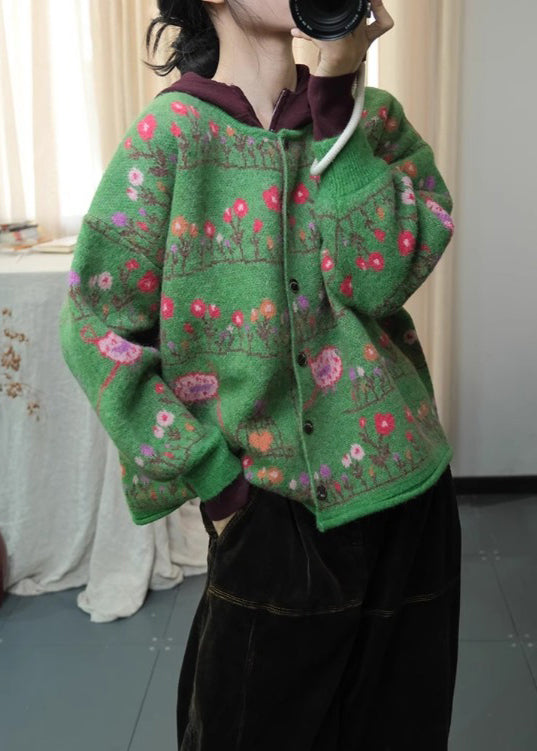 Cardigans en maille ample à imprimé bohème vert à col rond, printemps TI003