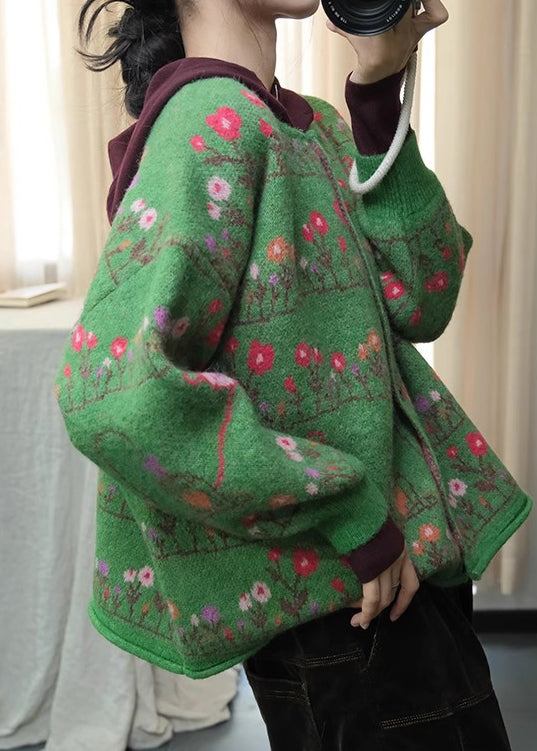 Cardigans en maille ample à imprimé bohème vert à col rond, printemps TI003