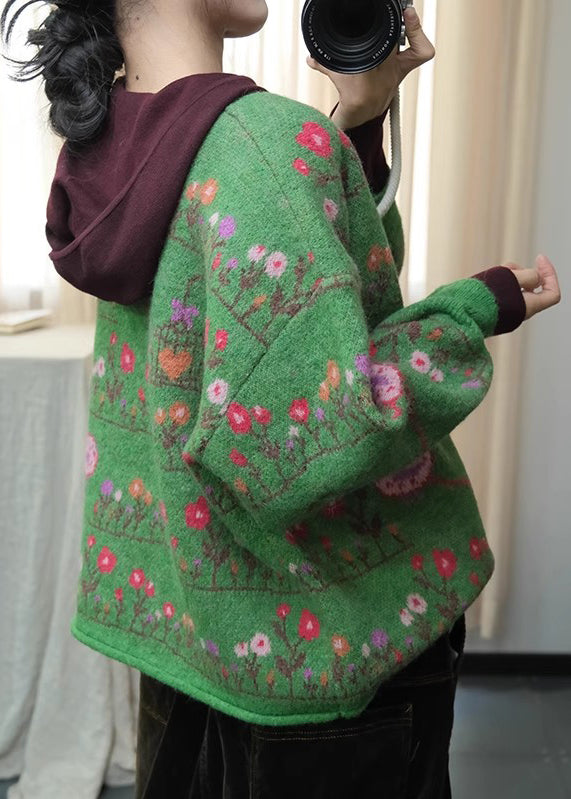 Cardigans en maille ample à imprimé bohème vert à col rond, printemps TI003