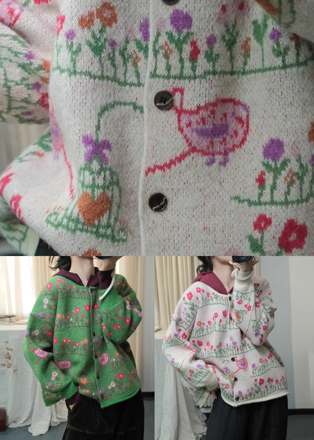 Cardigans en maille ample à imprimé bohème vert à col rond, printemps TI003