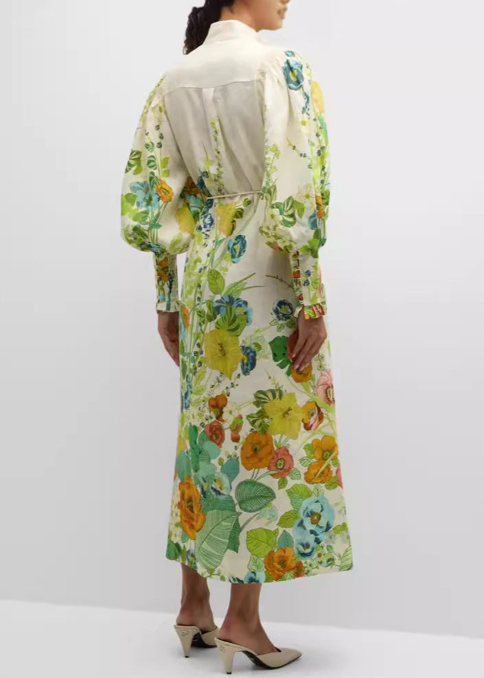 Bohemian Grün Print Taschen Bindegürtel Baumwolle Hemden Kleider Herbst AU1016