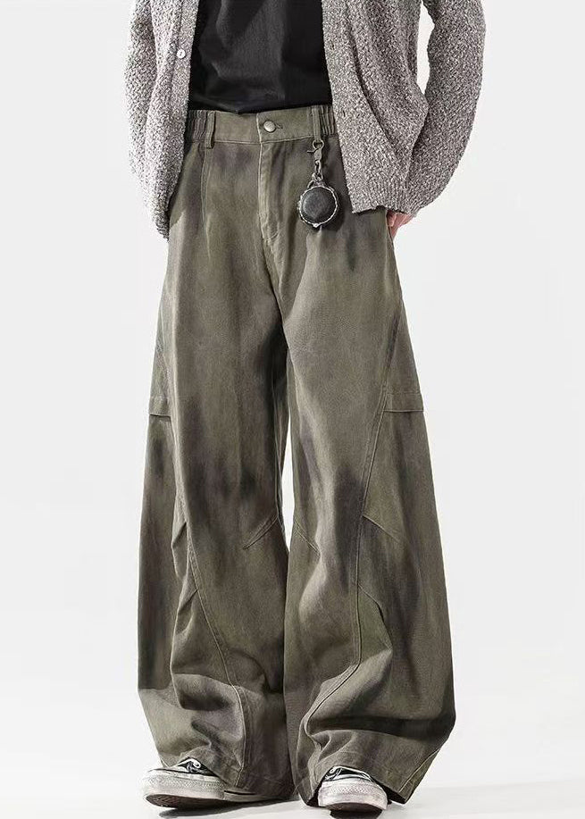 Hosen Herren Taille Elastisch Baumwolle Farbstoff Faltig Krawatte Grün Böhmen