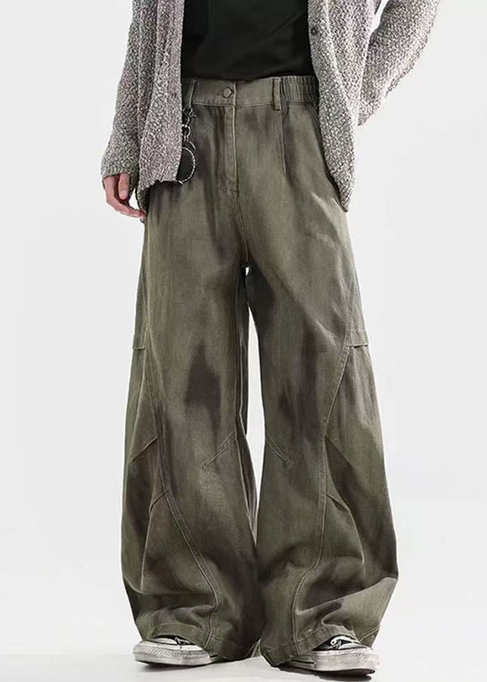 Hosen Herren Taille Elastisch Baumwolle Farbstoff Faltig Krawatte Grün Böhmen