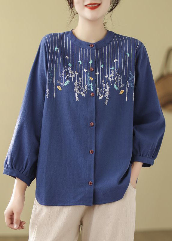 Bohemian Loose Blue Bestickte Leinenblusen Langarm FF019