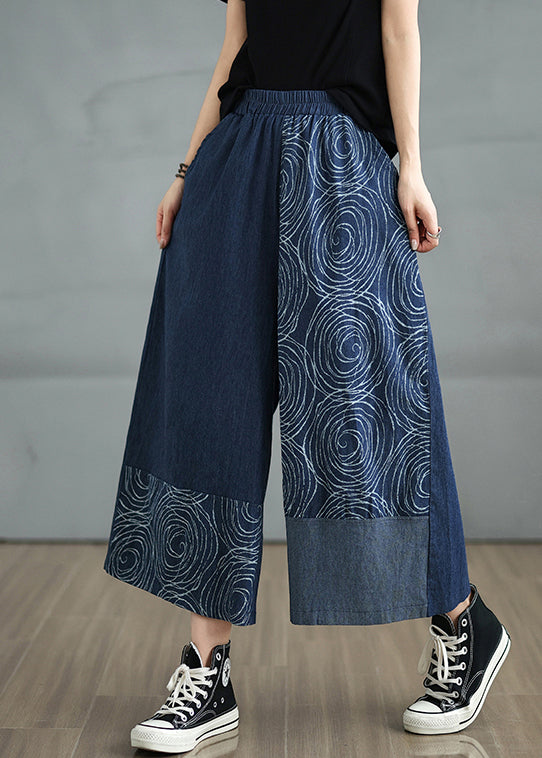 Pantalon bohème bleu marine imprimé denim asymétrique d'été