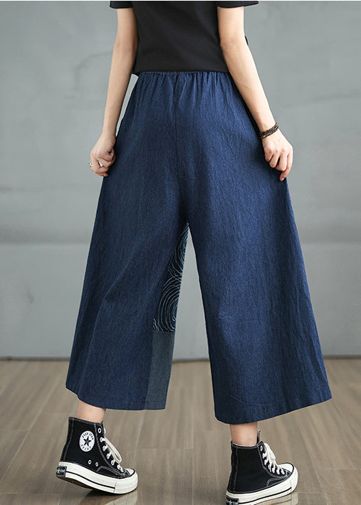 Pantalon bohème bleu marine imprimé denim asymétrique d'été