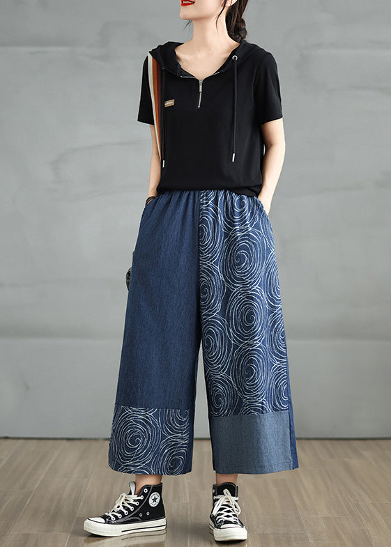 Pantalon bohème bleu marine imprimé denim asymétrique d'été