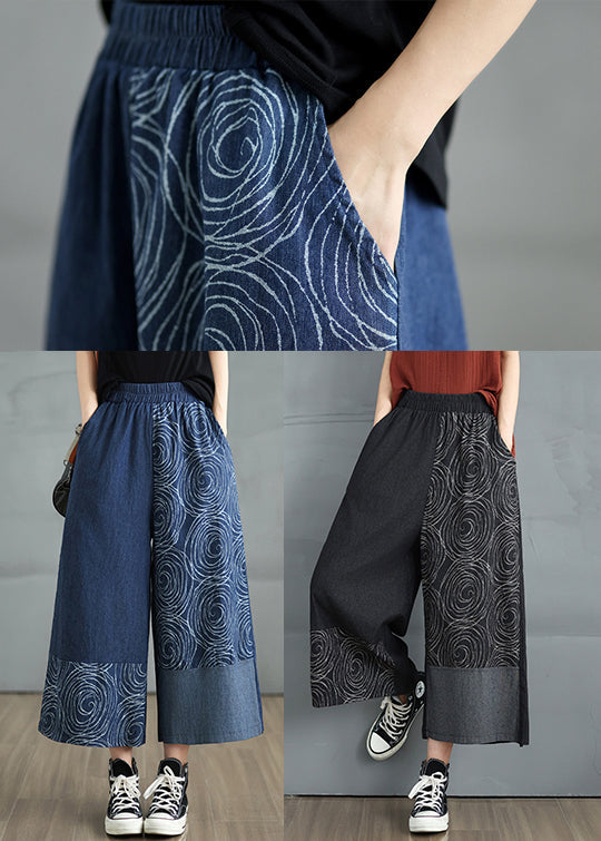 Pantalon bohème bleu marine imprimé denim asymétrique d'été