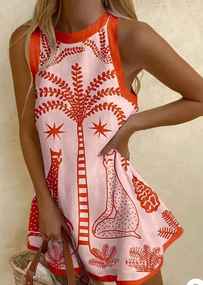 Robe courte bohème en lin sans manches à imprimé trapèze