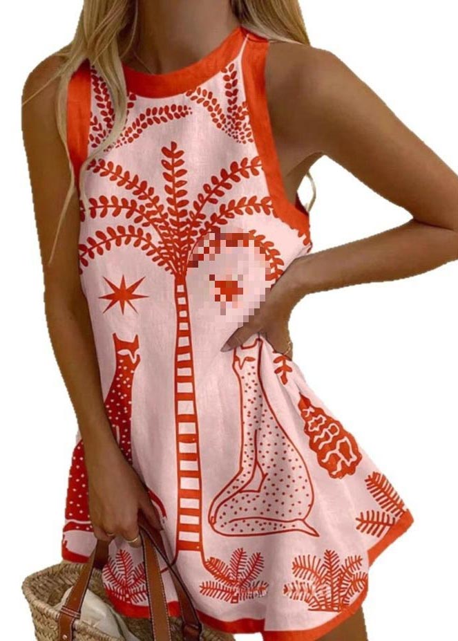 Robe courte bohème en lin sans manches à imprimé trapèze