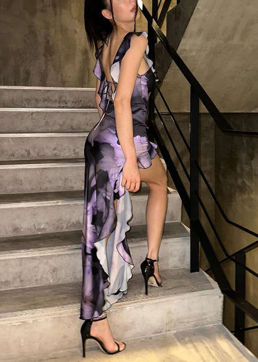 Lila ärmelloses, asymmetrisches, langes Bohemian-Kleid aus Baumwolle mit Rüschen
