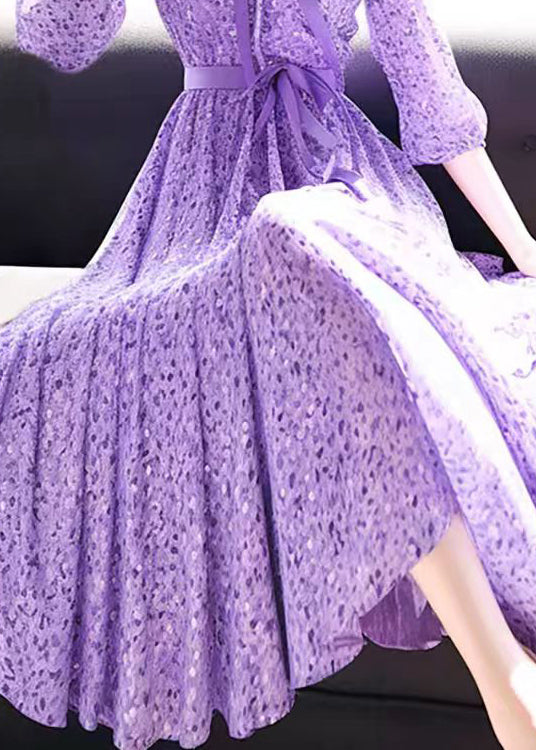 Böhmisches lila Peter Pan Kragen Druck Chiffon Kleid Armband Ärmel QR032